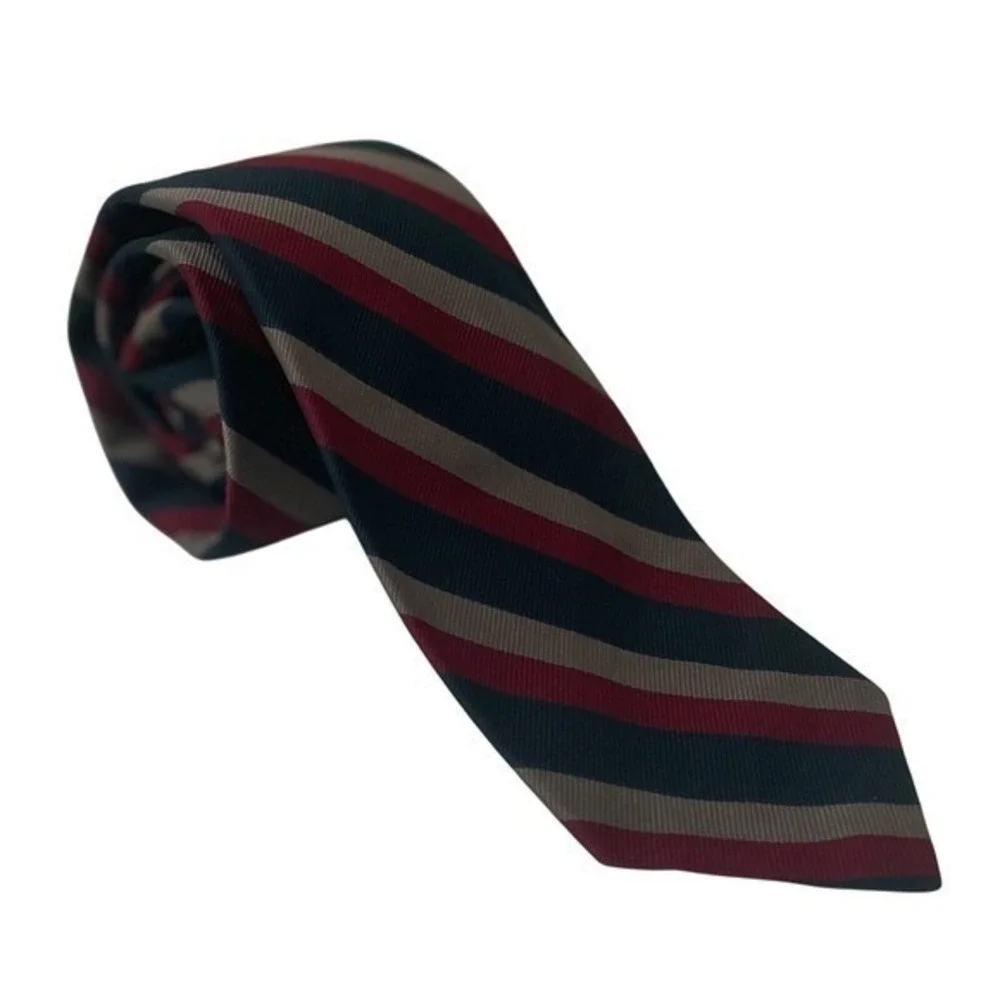 Polo Ralph Lauren Necktie Mens Burgundy Dk Green Gray Silk Striped USA Old Money